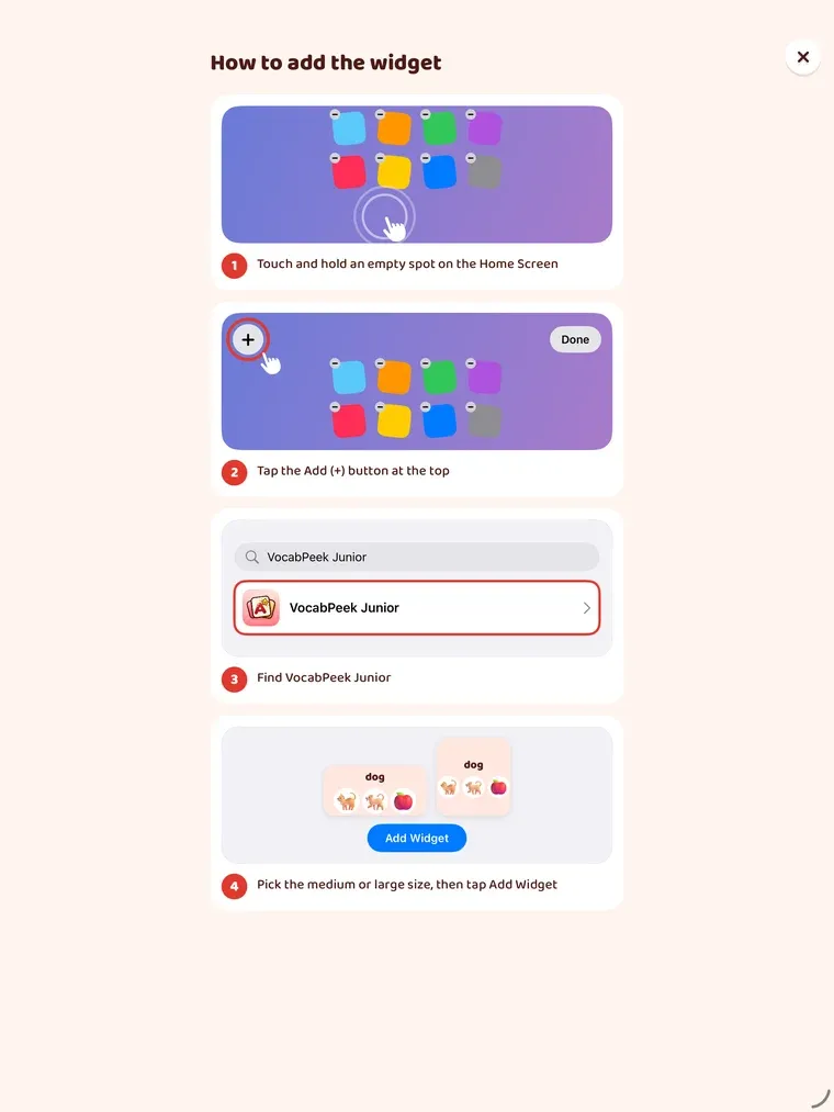 The iPad "How to add the widget" screen with four numbered steps, the last showing the medium and large widget sizes and an Add Widget button