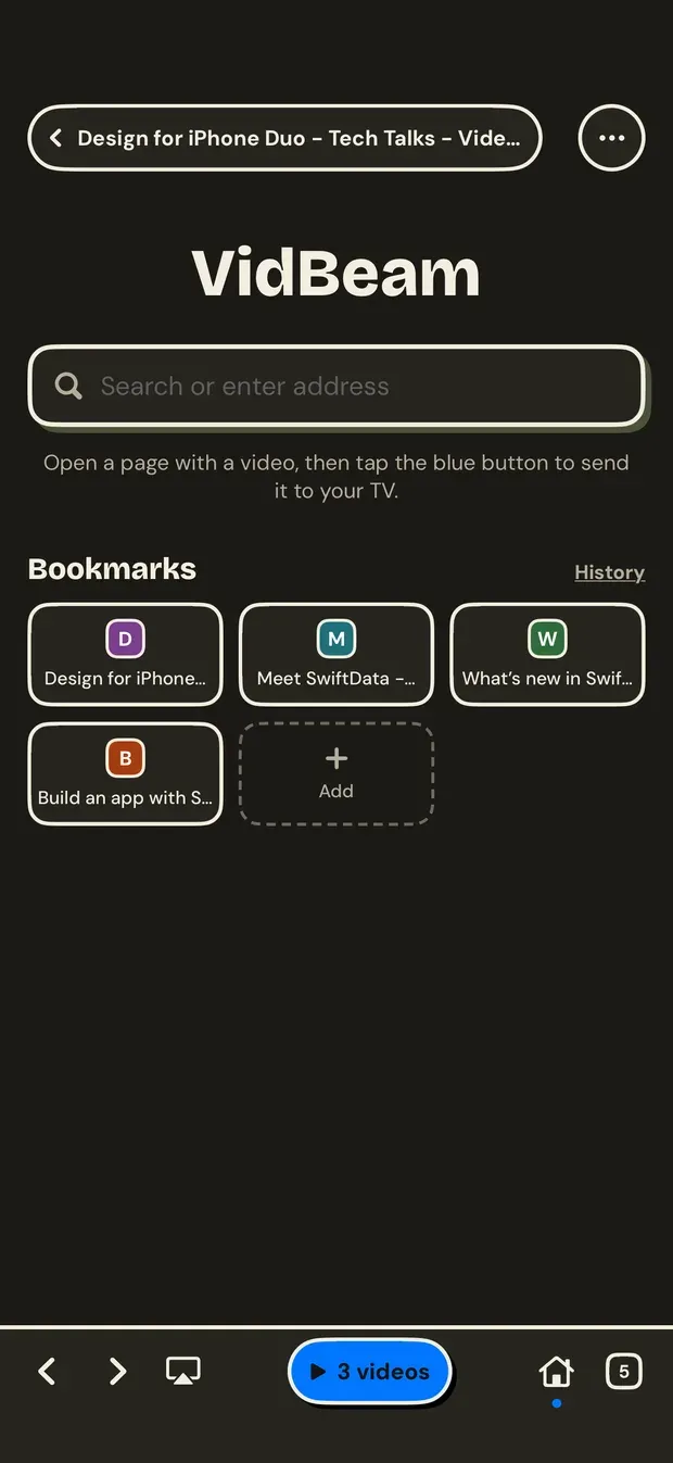 The VidBeam home screen: the app name over a search or address field, a one-line hint about sending a video to your TV, and a Bookmarks grid of four saved pages, each with its site icon, plus an Add tile