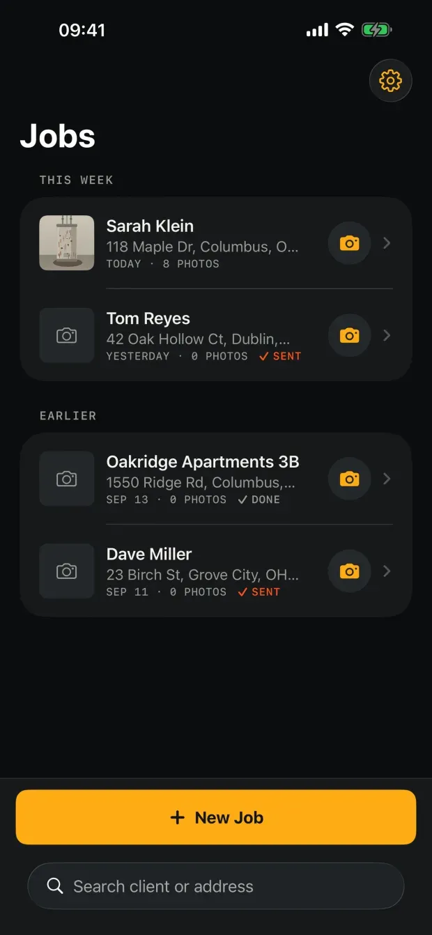 The DonePix job list under a This week and an Earlier heading, four jobs showing client name, address, date and photo count, two of them marked Sent and one Done, each row with a camera button, above a New job button and a search field