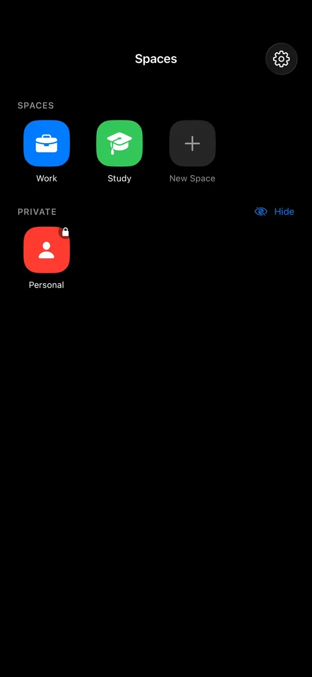 The SideSpace Spaces screen listing Work and Study, a New Space button, and a locked Personal Space under Private