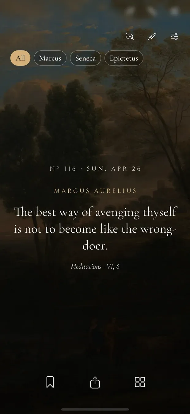 Marble’s main screen on a landscape painting: author chips All, Marcus, Seneca and Epictetus, then Nº 116, Sun, Apr 26, Marcus Aurelius, “The best way of avenging thyself is not to become like the wrong-doer.” and the source Meditations VI, 6, with Save, Share and Collection icons at the bottom