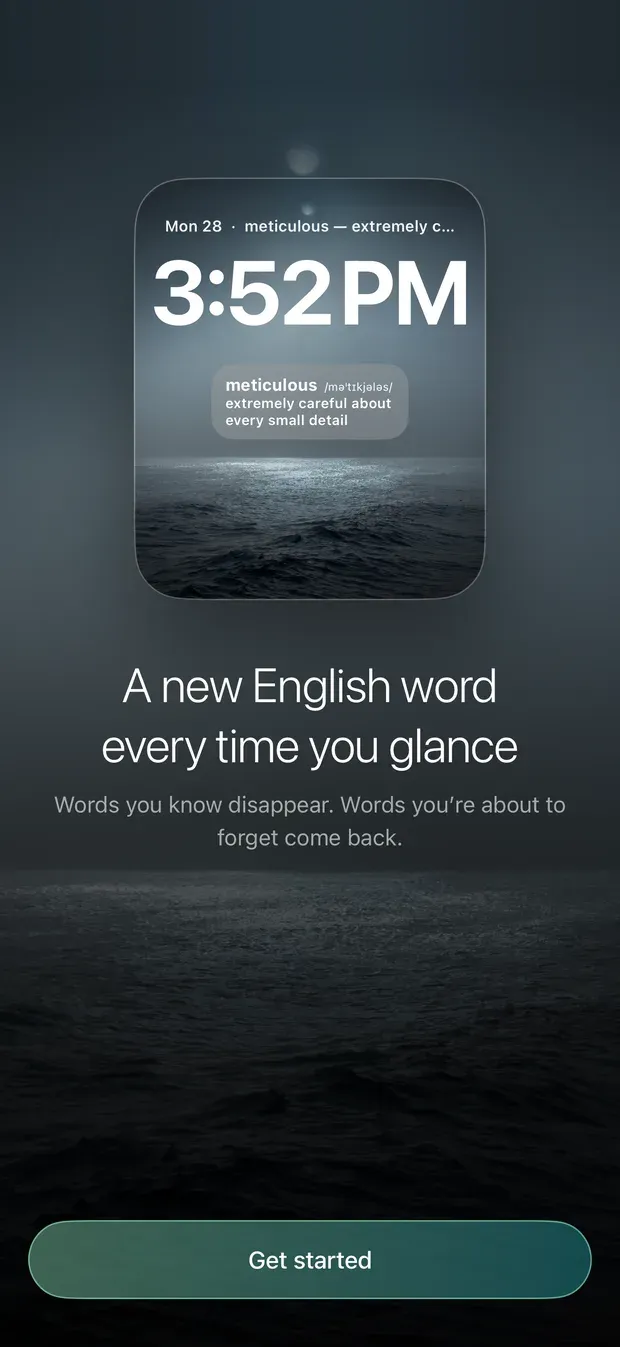 The VocabPeek welcome screen: a Lock Screen preview showing the word meticulous under the clock, the headline "A new English word every time you glance", and a Get started button