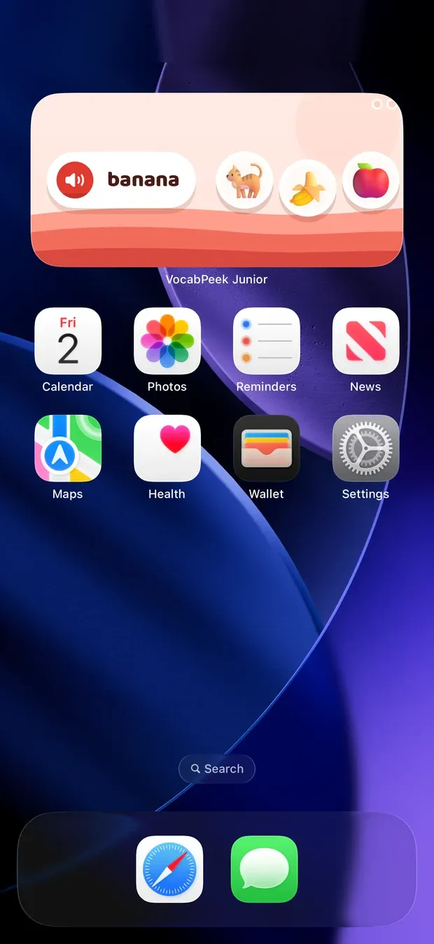 An iPhone Home Screen with the VocabPeek Junior widget at the top: a speaker button and the word banana, beside pictures of a cat, a banana and an apple