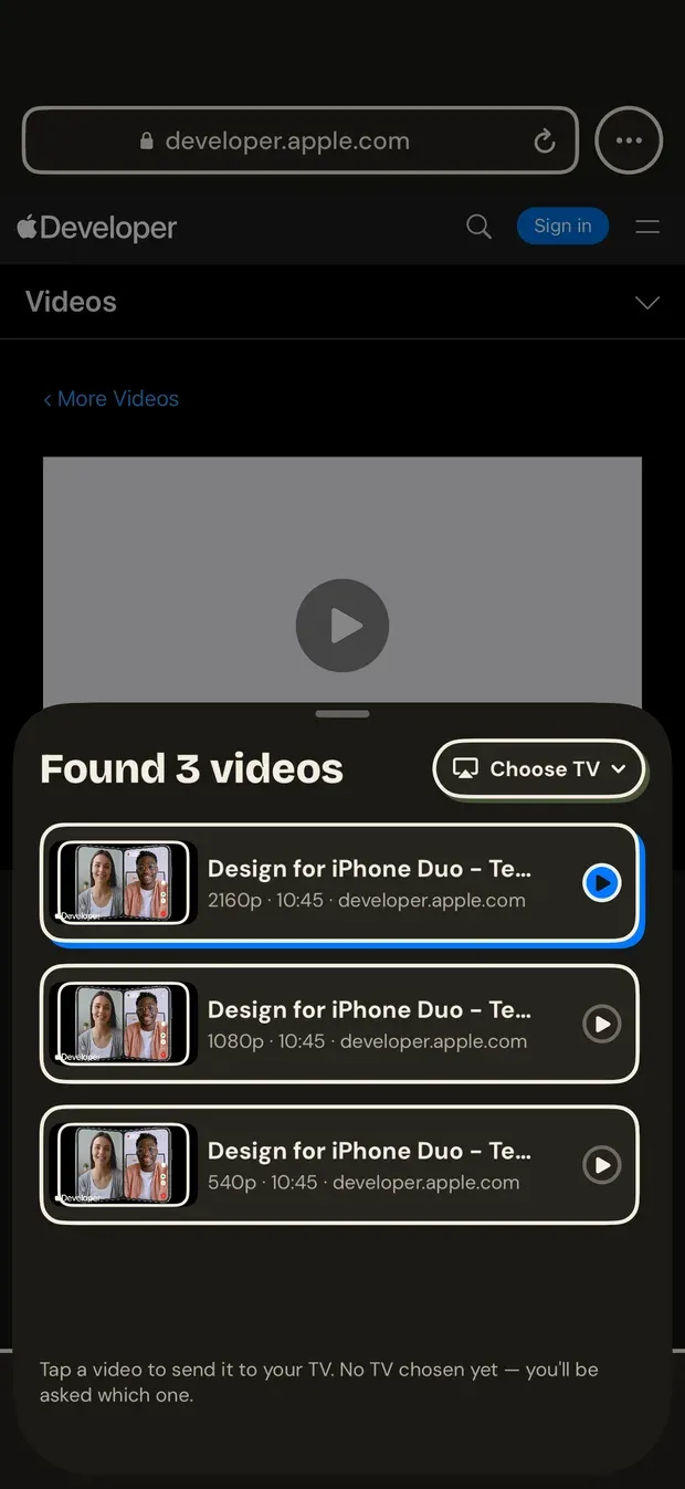 A video page on developer.apple.com open in VidBeam, with a sheet over it reading Found 3 videos, listing the same talk at 2160p, 1080p and 540p, and a Choose TV button
