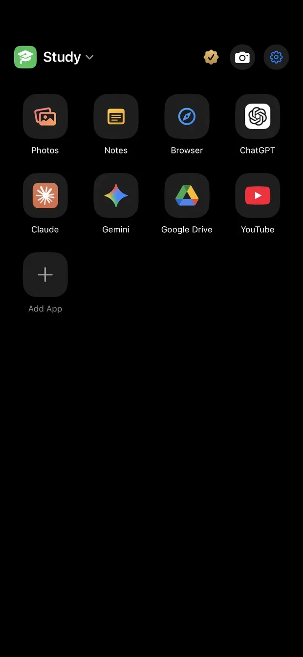 The Study Space home screen with pinned Photos, Notes, Browser, ChatGPT, Claude, Gemini, Google Drive and YouTube tiles