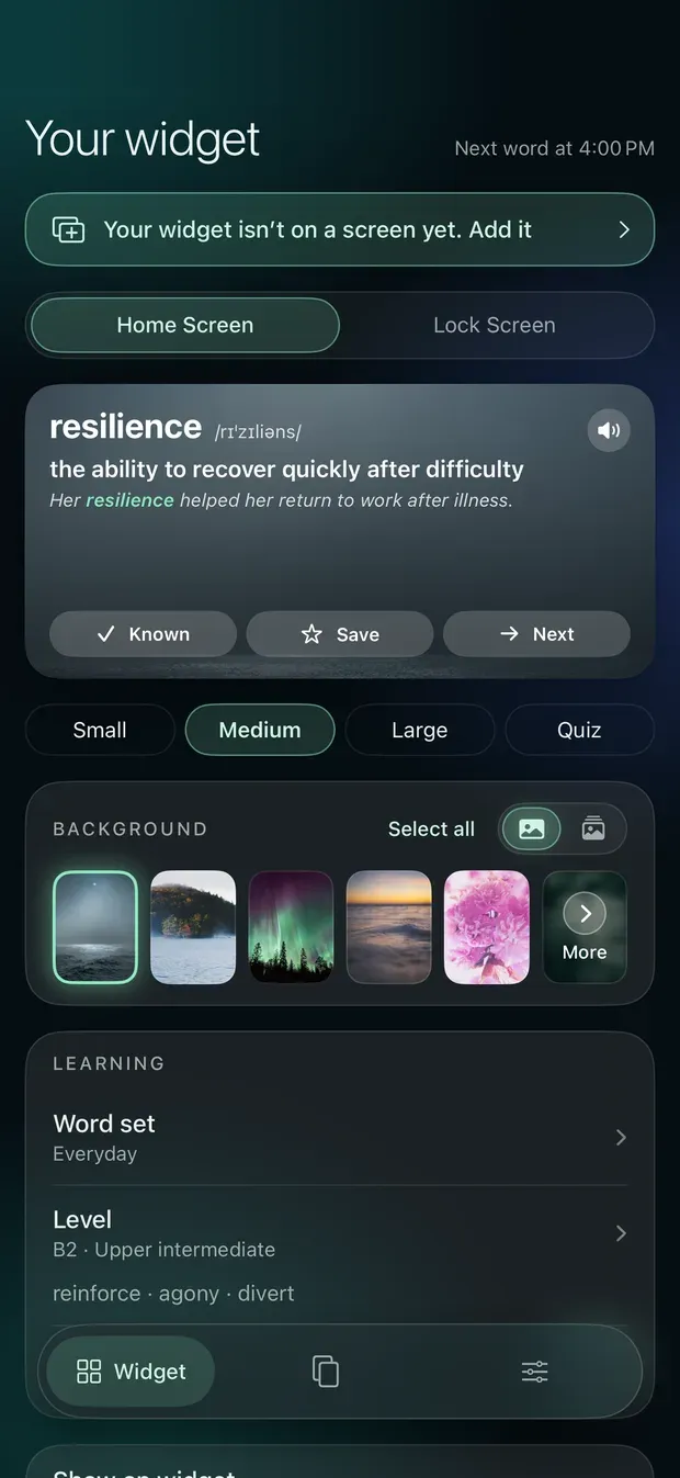 The Your widget tab previewing the medium Home Screen widget with the word resilience, its meaning and example, Known, Save and Next buttons, then size choices, background photos, word set and level