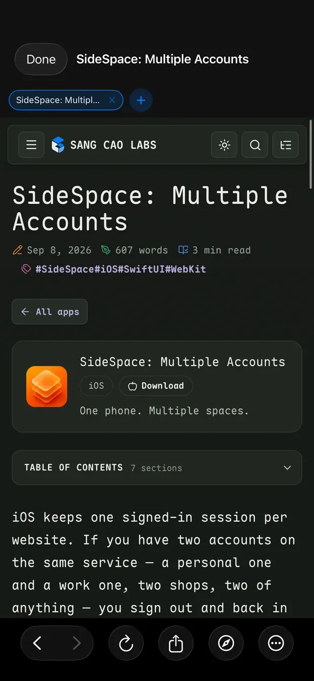 The SideSpace in-app browser open on the Sang Cao Labs SideSpace page, with back, forward, reload and share controls