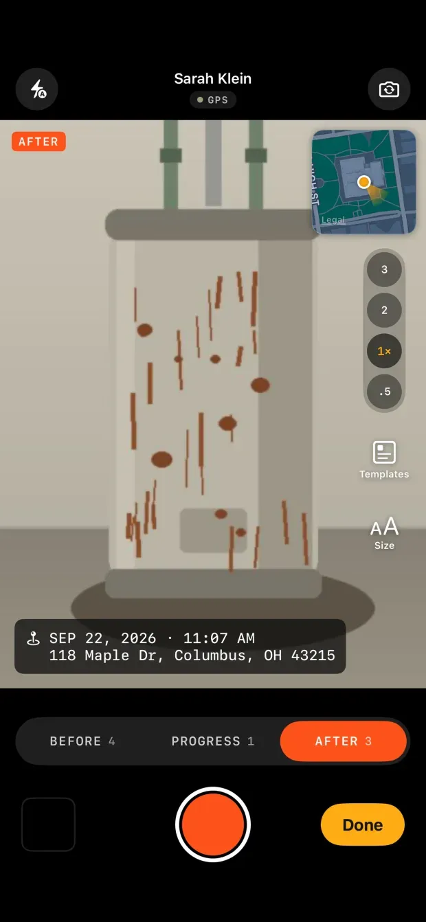 The full-screen DonePix camera showing a water heater, a small map in the top corner, lens buttons, a Templates button, a stamp reading the date, time and street address across the bottom of the frame, a Before / Progress / After selector with counts, and the shutter