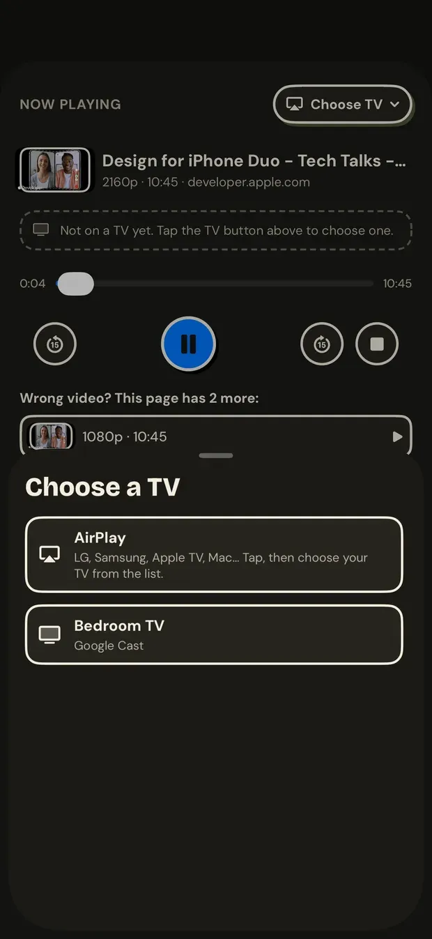 A Choose a TV sheet over the Now Playing screen, offering AirPlay, with a note to pick the TV from the next list, and a Google Cast television called Bedroom TV