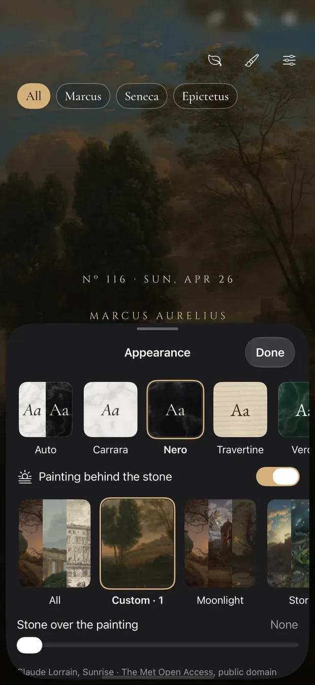 The Appearance sheet over the main screen: theme swatches Auto, Carrara, Nero, Travertine and Verde, a switch for Painting behind the stone, painting groups All, Custom, Moonlight and Storm, a slider for Stone over the painting, and the painting’s credit, Claude Lorrain, Sunrise, The Met Open Access, public domain