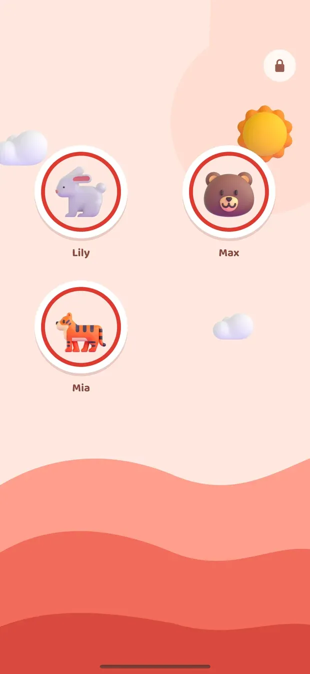 Three round animal pictures to choose from, a rabbit for Lily, a bear for Max and a tiger for Mia, with a lock button in the corner