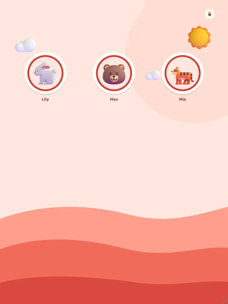 Three round animal pictures across the iPad screen, a rabbit for Lily, a bear for Max and a tiger for Mia