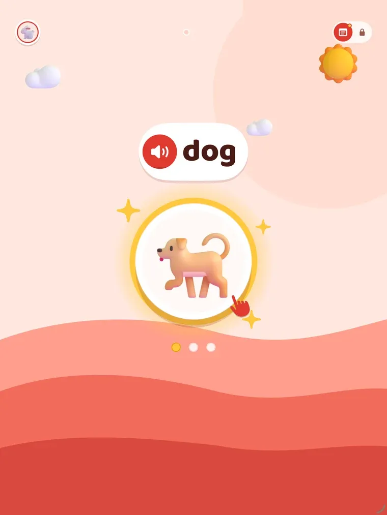 A learning card on iPad: the word dog with a speaker button above a large glowing picture of a dog, a pointing hand on it, and three dots below
