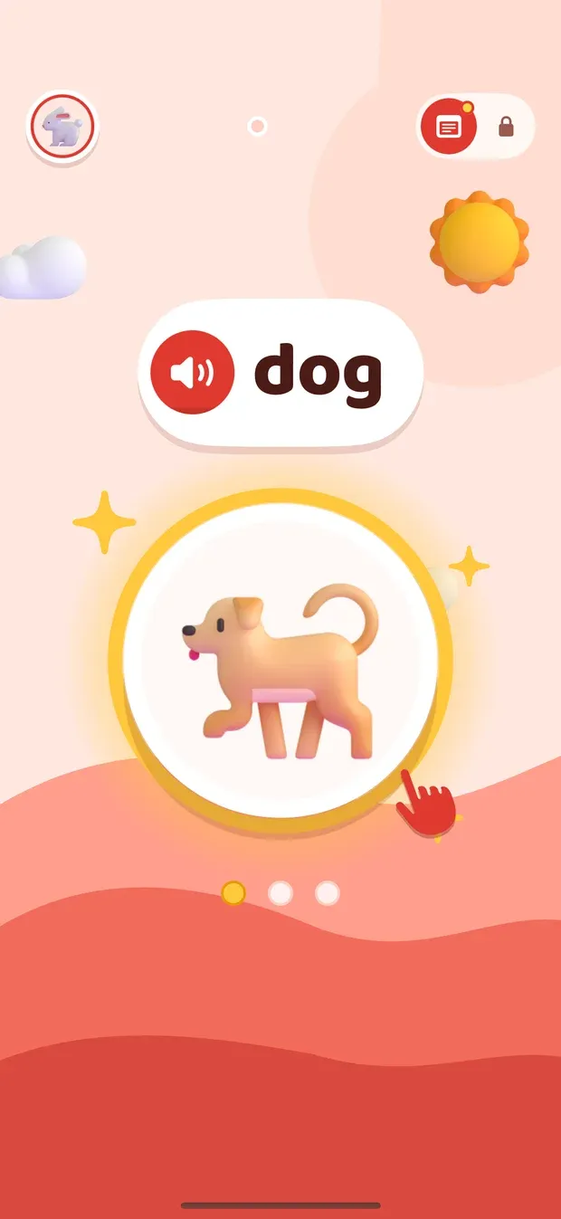A learning card: the word dog with a speaker button above a large glowing picture of a dog, a pointing hand on it, and three dots below