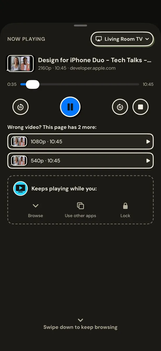 The VidBeam Now Playing screen sent to Living Room TV: the video title and quality, a progress bar, skip back, pause, skip forward and stop buttons, a list headed Wrong video? This page has 2 more, and a panel saying it keeps playing while you browse, use other apps or lock the phone