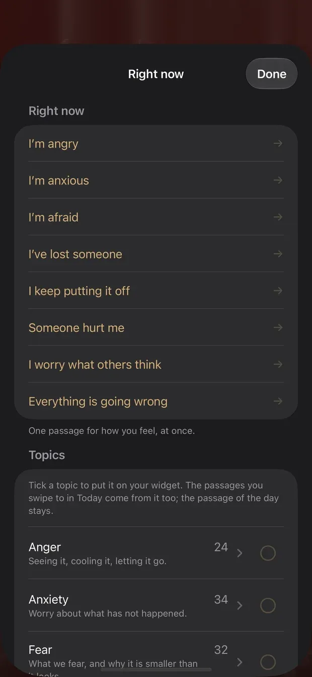 The Right now sheet: a list of feelings from I’m angry and I’m anxious to Everything is going wrong, then Topics, with Anger, Anxiety and Fear, each with a passage count and a tick box