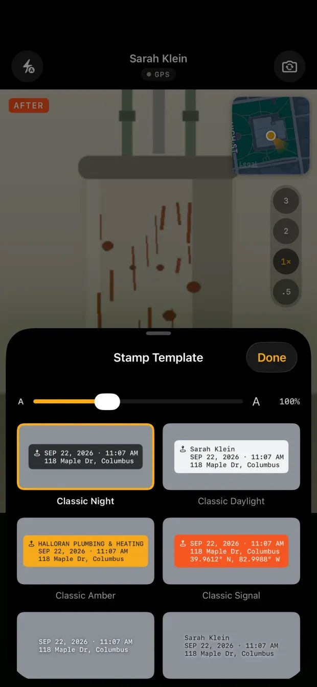 A half-height sheet titled Stamp Template over the camera, with a size slider at 100 percent and a grid of stamp styles named Classic Night, Classic Daylight, Classic Amber and Classic Signal, the first one selected