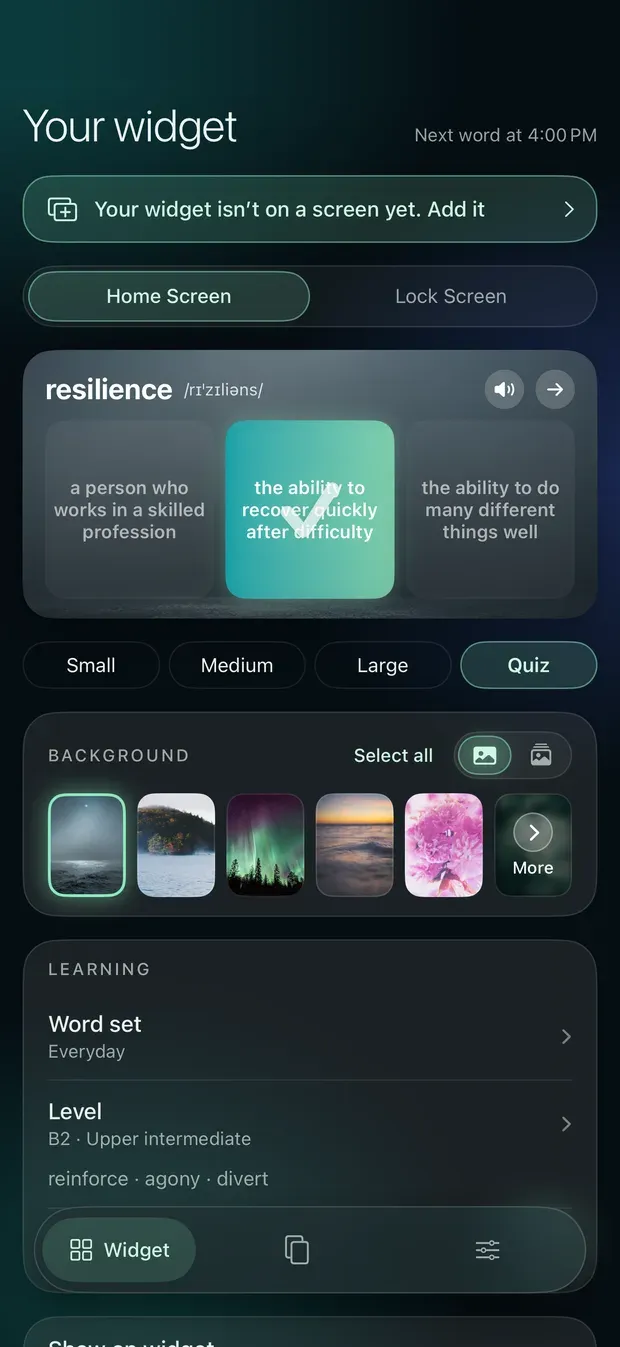 The Quiz widget preview for resilience with three meaning choices, the correct one marked with a tick