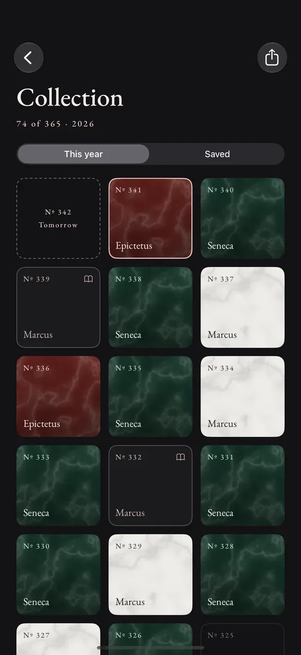 The Collection screen, 74 of 365 in 2026, with This year and Saved tabs and a grid of numbered marble tiles in red, green, white and black, each labelled with an author, the first one a dashed tile for tomorrow