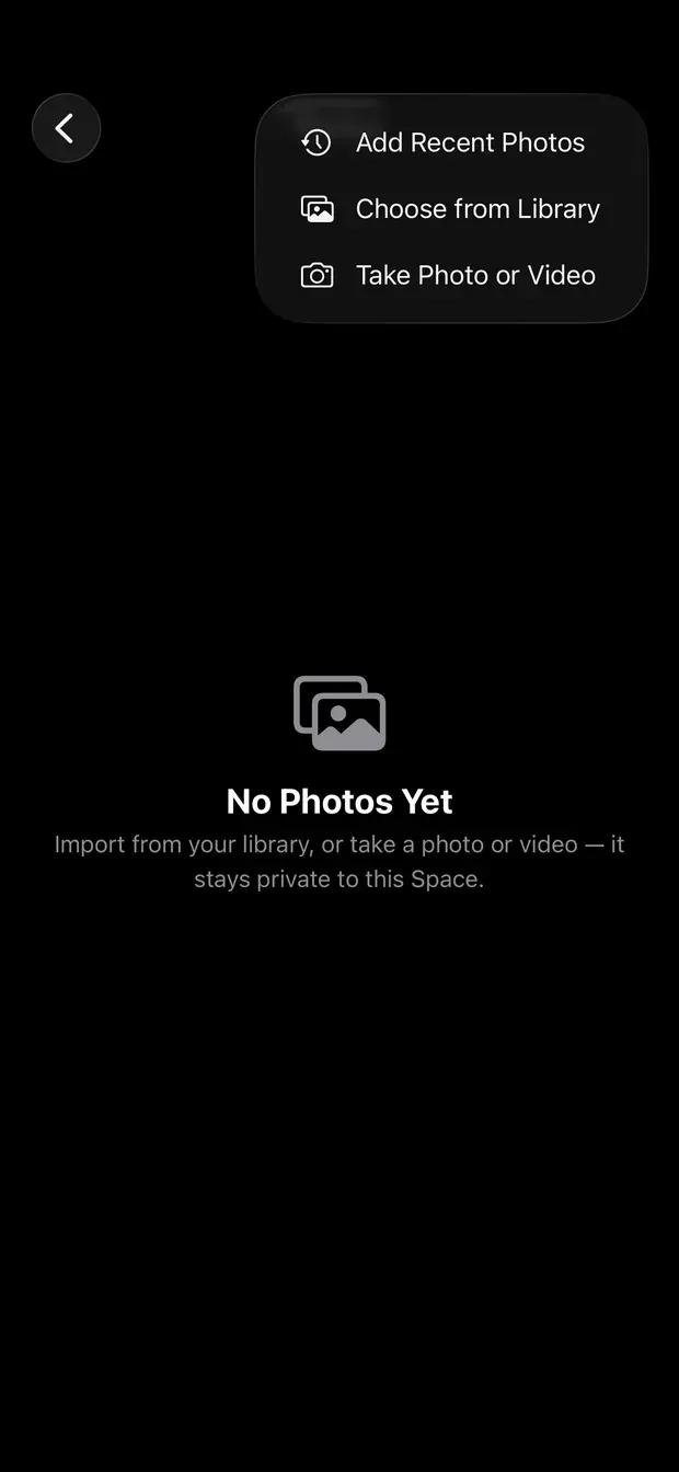 The empty Photos screen of a Space with options to add recent photos, choose from the library, or take a photo or video
