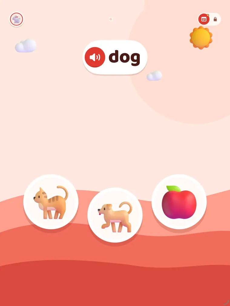 A quiz card on iPad: the word dog with a speaker button, and three large pictures below, a cat, a dog and an apple