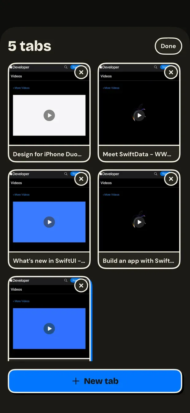 The VidBeam tab switcher showing five open tabs of developer.apple.com video pages as thumbnails, each with a close button, above a New tab button