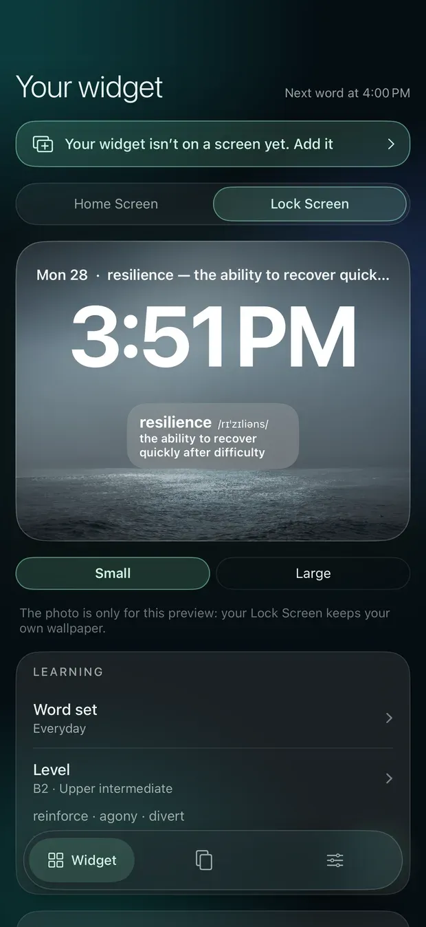 A Lock Screen preview with resilience beside the date and a small widget under the clock showing the word, pronunciation and meaning, with Small and Large text choices