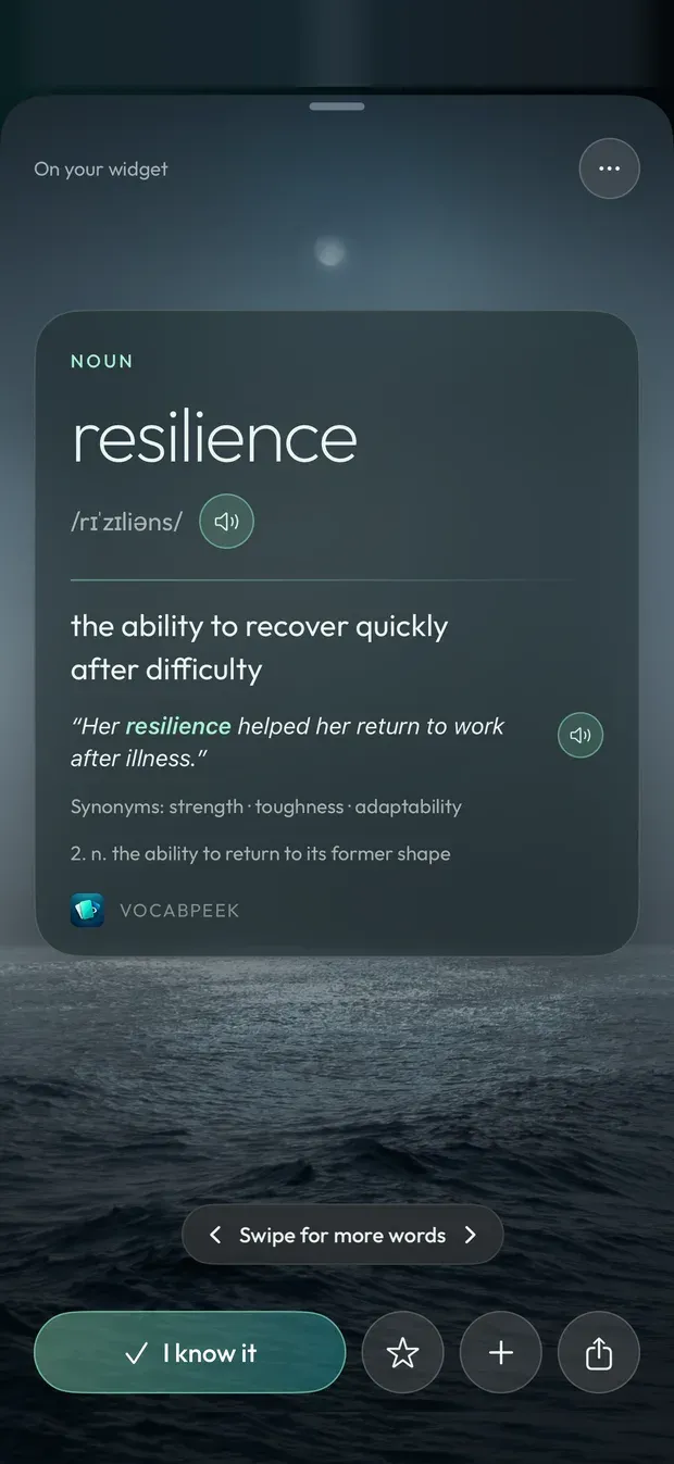 The word card for resilience: part of speech, pronunciation with a speaker button, meaning, example sentence, synonyms and a second sense, with I know it, save, add to list and share buttons