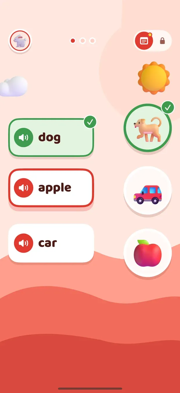 A matching round: the words dog, apple and car on the left, pictures of a dog, a car and an apple on the right; dog is matched and ticked green, apple is selected