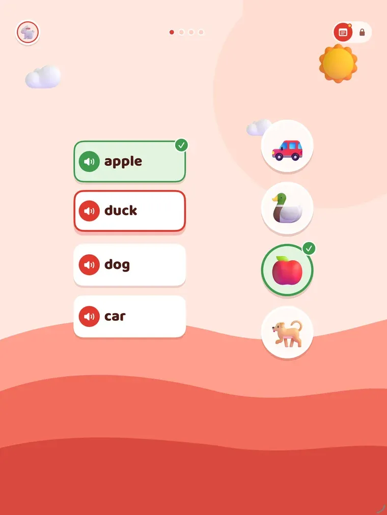A matching round on iPad with four pairs: the words apple, duck, dog and car beside pictures of a car, a duck, an apple and a dog; apple is matched and ticked green, duck is selected