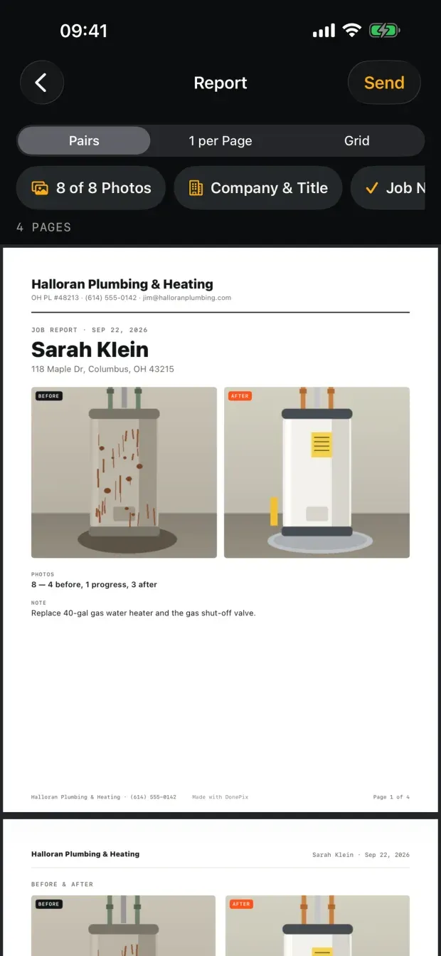 The report preview with layout choices Pairs, 1 per Page and Grid, chips for photo count, Company & Title and Job Note, and a page showing the business name and contact line, the client, the address and a before and after pair side by side