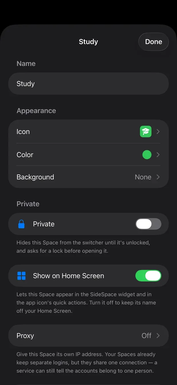 Settings for the Study Space: name, icon, colour, background, a Private toggle, Show on Home Screen and Proxy