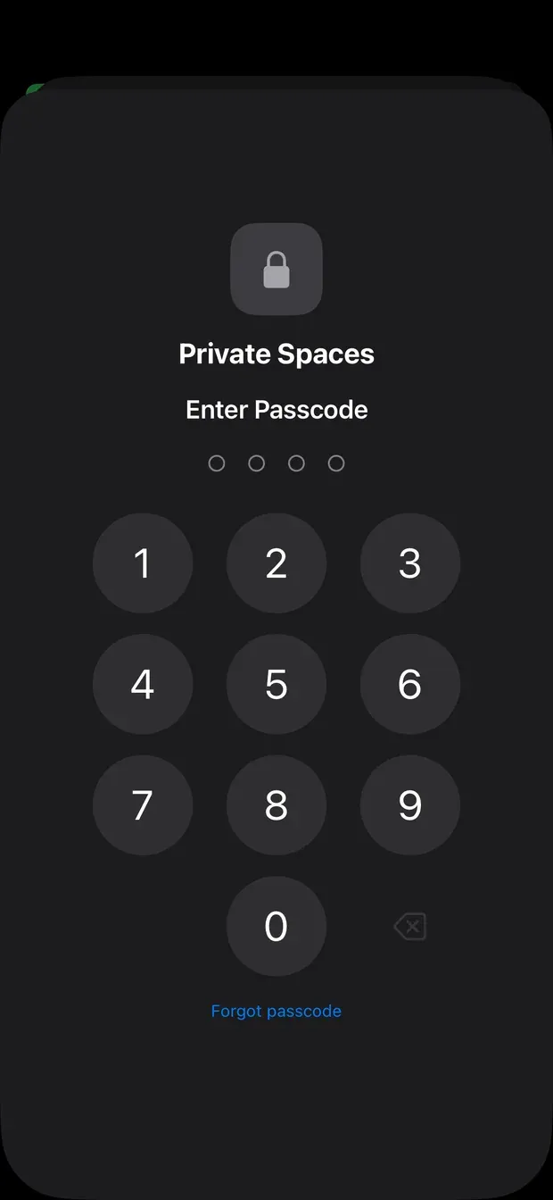 The Private Spaces passcode screen with a numeric keypad and a Forgot passcode link