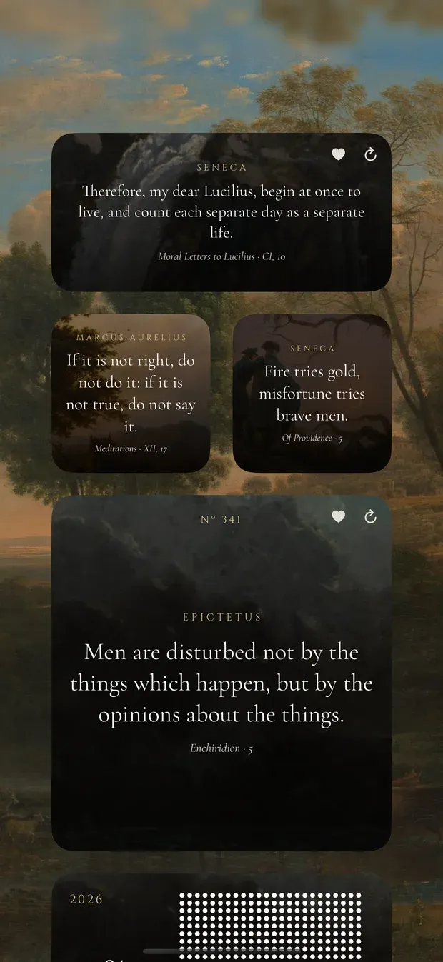 Marble widgets on a painted Home Screen: a medium widget with a Seneca passage and heart and refresh buttons, two small widgets with short passages by Marcus Aurelius and Seneca, and a large widget with an Epictetus passage