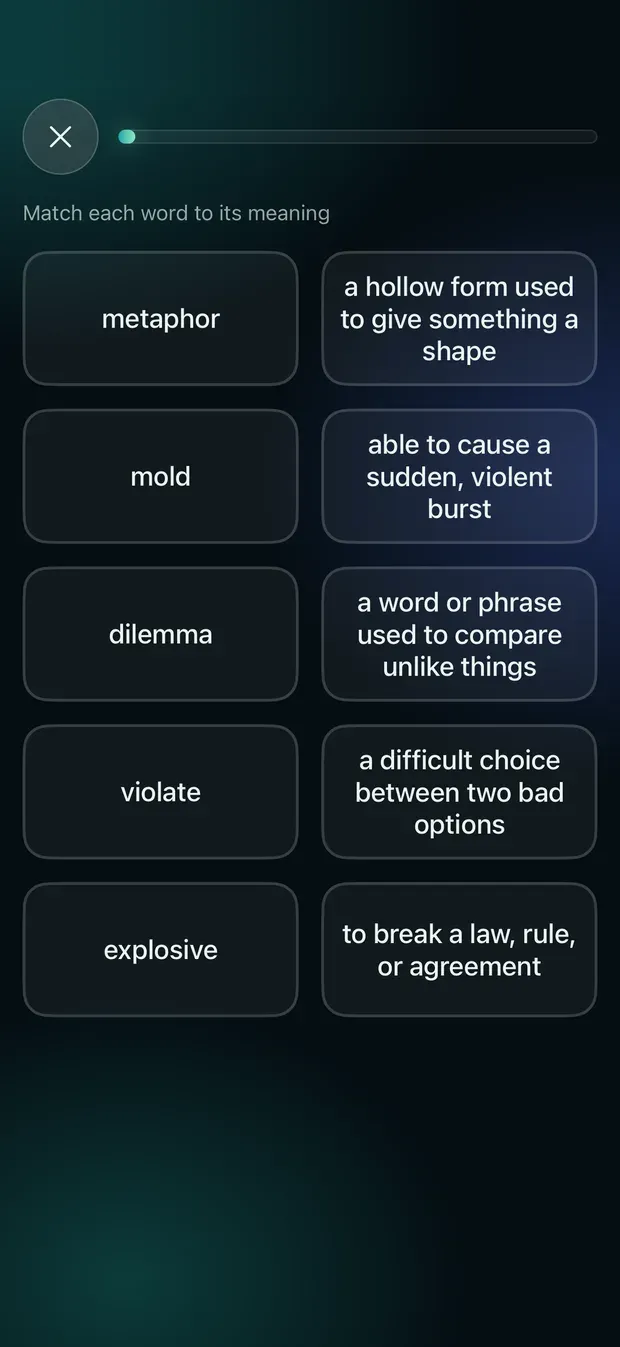 The Match review with five words on the left, metaphor, mold, dilemma, violate and explosive, and five meanings on the right