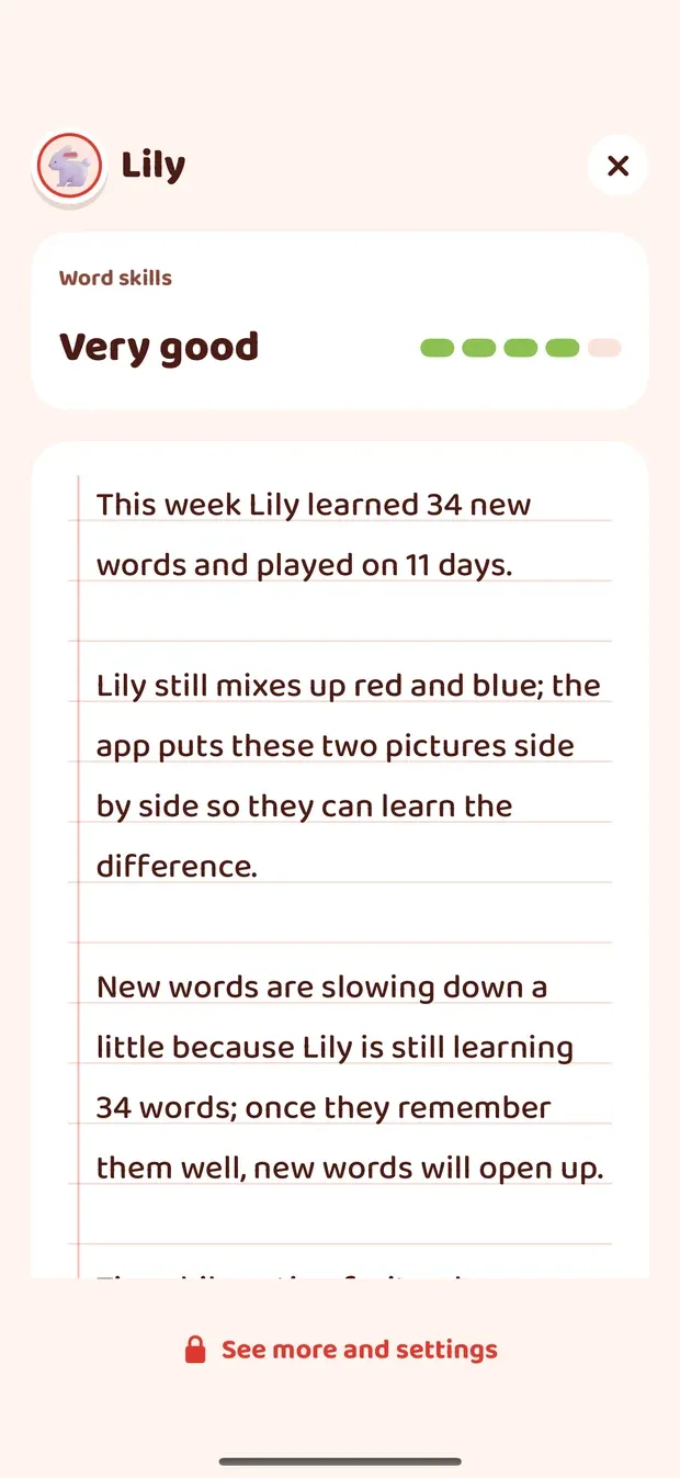 Lily's notes: word skills rated Very good, then sentences saying she learned 34 new words and played on 11 days, that she still mixes up red and blue so the app puts the two pictures side by side, and that new words are slowing down while she learns the ones she has