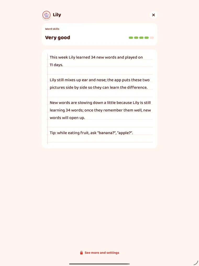 Lily's notes on iPad: word skills rated Very good, then sentences about 34 new words over 11 days, mixing up ear and nose, new words slowing down while she learns, and a tip to ask "banana?" and "apple?" while eating fruit