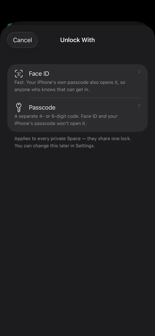 The Unlock With sheet offering Face ID or a separate passcode for private Spaces