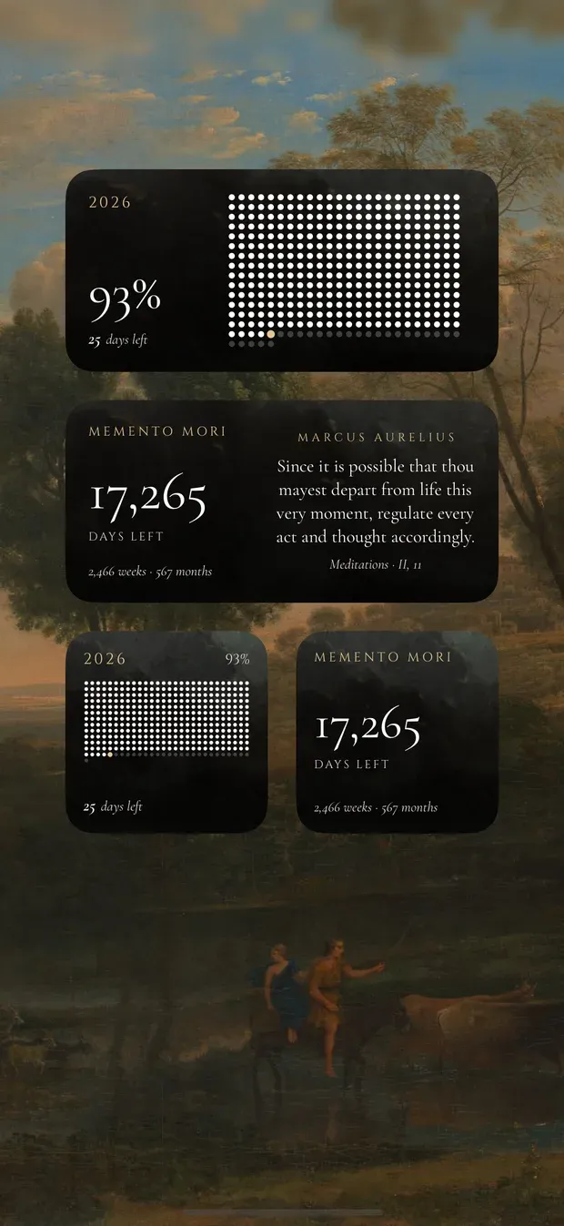 Two more kinds of widget: a medium Year widget at 93 percent with 25 days left and a grid of dots, a medium Memento Mori widget reading 17,265 days left beside a Marcus Aurelius passage, and small versions of both