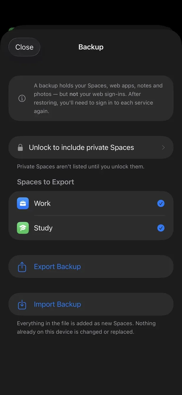 The Backup sheet listing Work and Study for export, with Export Backup and Import Backup buttons