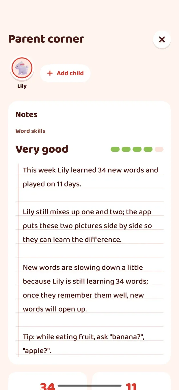 The parent corner: Lily's profile and an Add child button, then her notes with a tip to ask "banana?" and "apple?" while eating fruit, and the start of her weekly figures