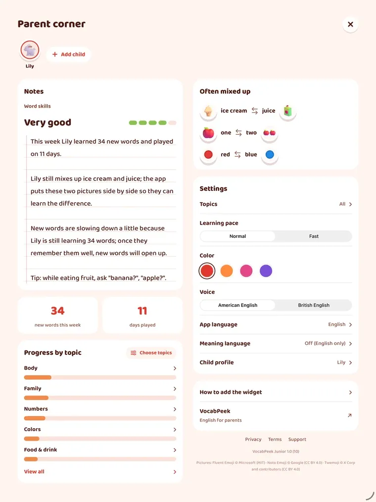 The iPad parent corner in two columns: notes, weekly figures and progress by topic on the left; often mixed up pairs and settings for topics, learning pace, colour, voice, app language and meaning language on the right