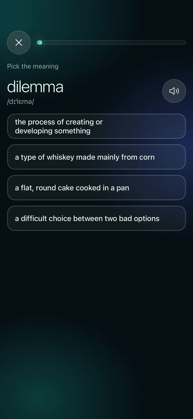 The Pick the meaning review for dilemma with its pronunciation, a speaker button and four meanings to choose from