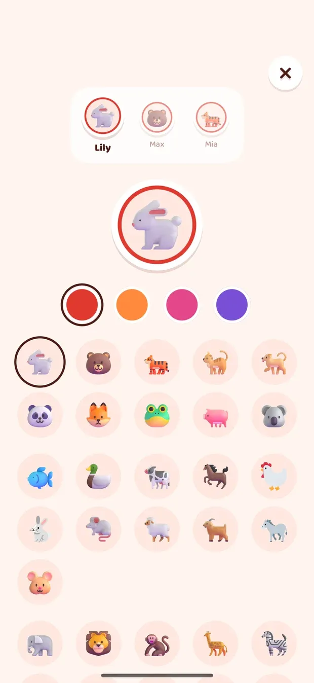 A rabbit picture in a red ring above four colour choices, red, orange, pink and purple, and a grid of animal pictures to choose from