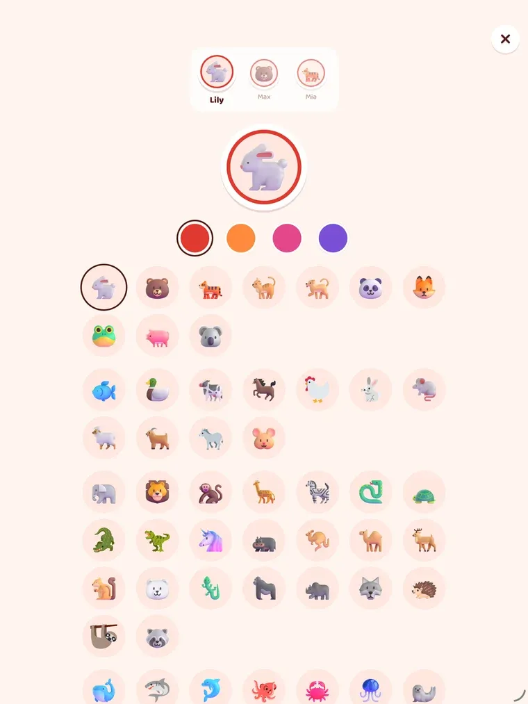 The iPad picture and colour screen: a rabbit in a red ring, four colour choices, and a large grid of animal pictures