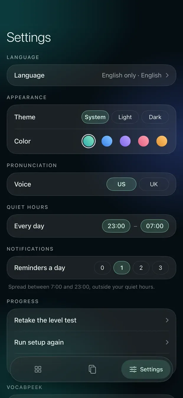 VocabPeek settings: language, theme and five accent colours, US or UK voice, quiet hours from 23:00 to 07:00, reminders a day from 0 to 3, and retake the level test