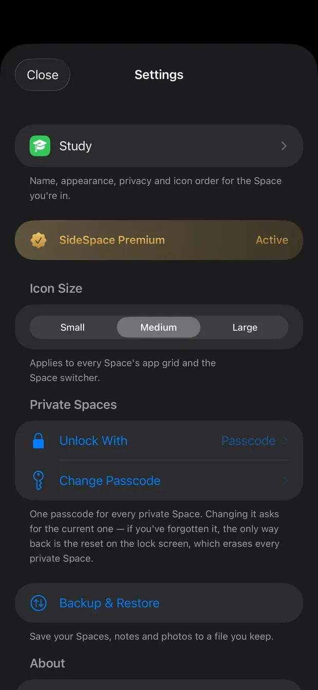 SideSpace Settings showing the current Space, Premium status, icon size, the private Space lock and Backup and Restore