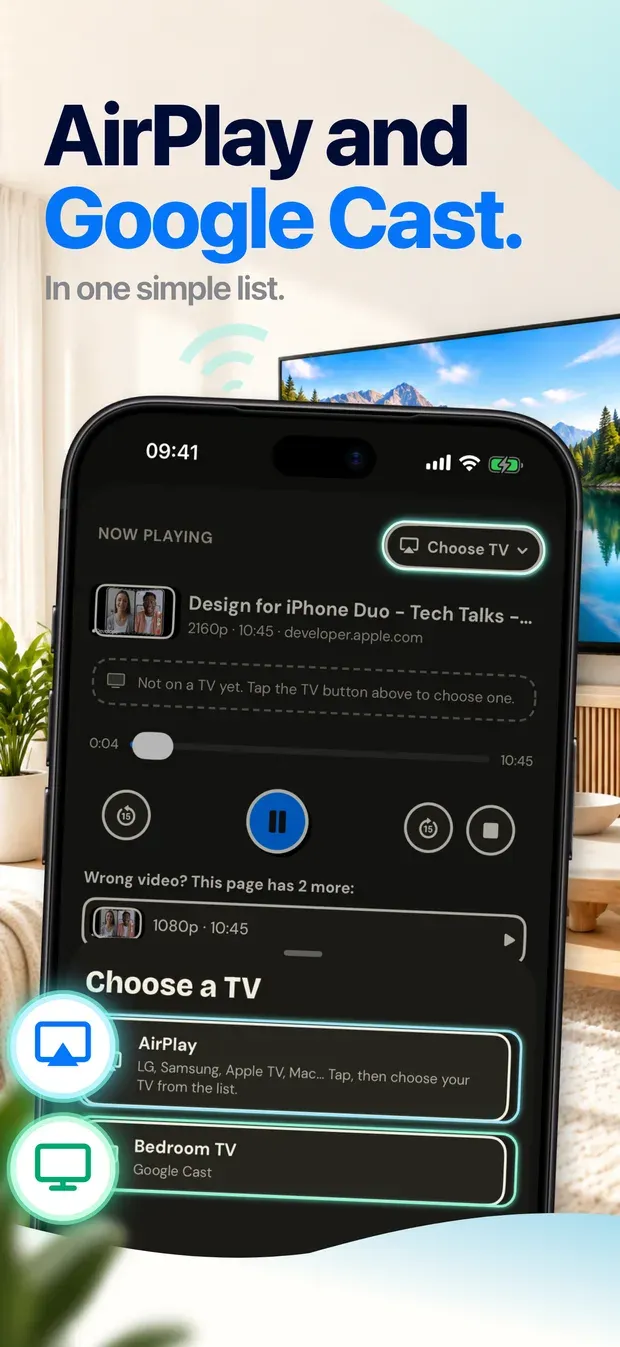App Store artwork headed 'AirPlay and Google Cast. In one simple list.': an iPhone showing a 'Choose a TV' sheet with an AirPlay entry and a Google Cast television called Bedroom TV