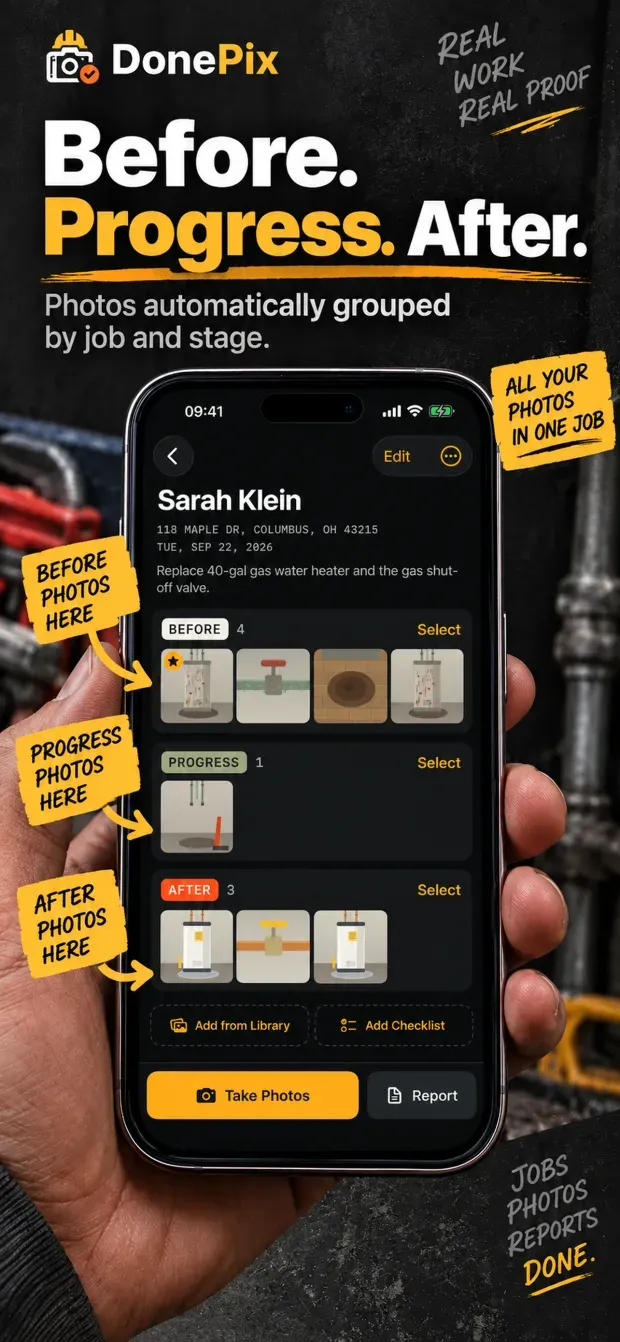 A marketing frame headed 'Before. Progress. After.', showing a job screen with three photo grids labelled Before, Progress and After