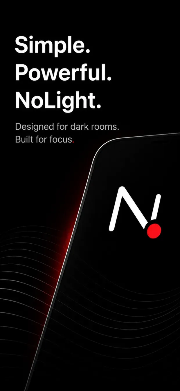 An iPhone tilted into a dark frame showing the NoLight mark, beside the headline Simple. Powerful. NoLight.
